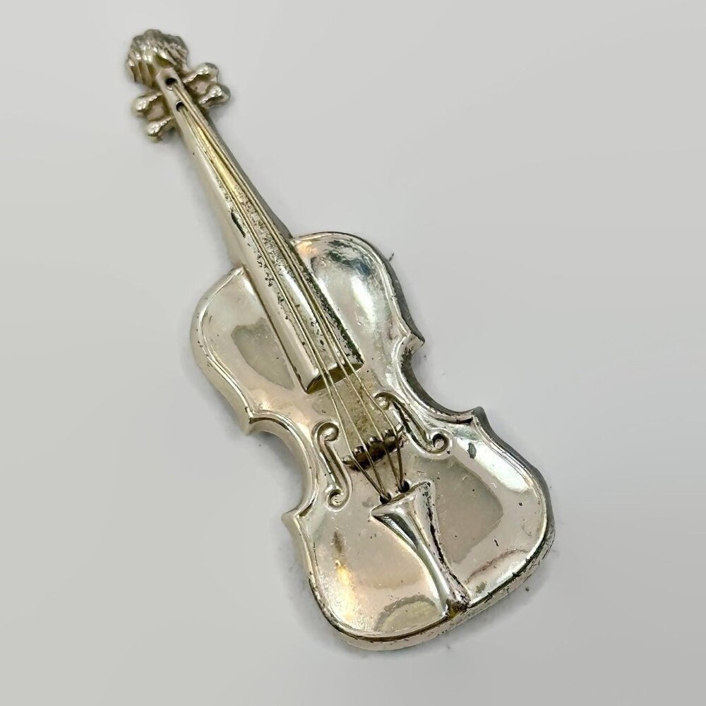 Violin Brooch, Lang, Signed, Sterling Silver, 1950s, Detailed, Vintage, Cello